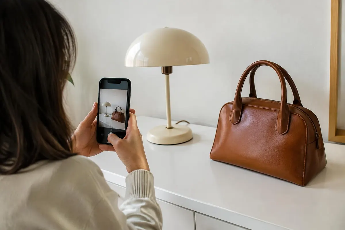 Persona fotografiando con su celular una lámpara de mesa y una cartera de piel sobre un mueble blanco