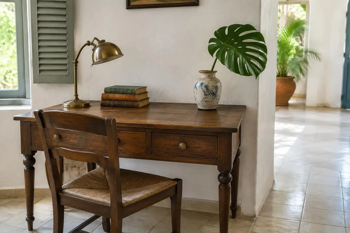 Escritorio de madera antiguo con lámpara de latón, libros y florero con hoja de monstera en una casa caribeña