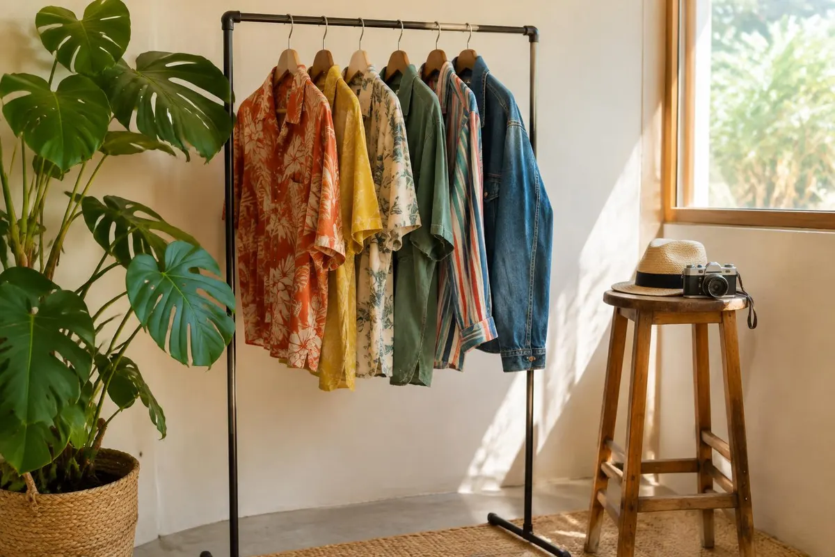 Perchero con camisas coloridas de segunda mano y una chaqueta de mezclilla junto a una planta y un taburete