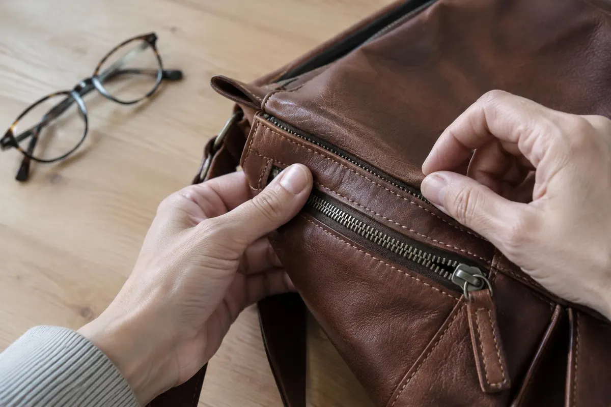 Manos revisando las costuras y la cremallera de una cartera de piel marrón sobre una mesa de madera