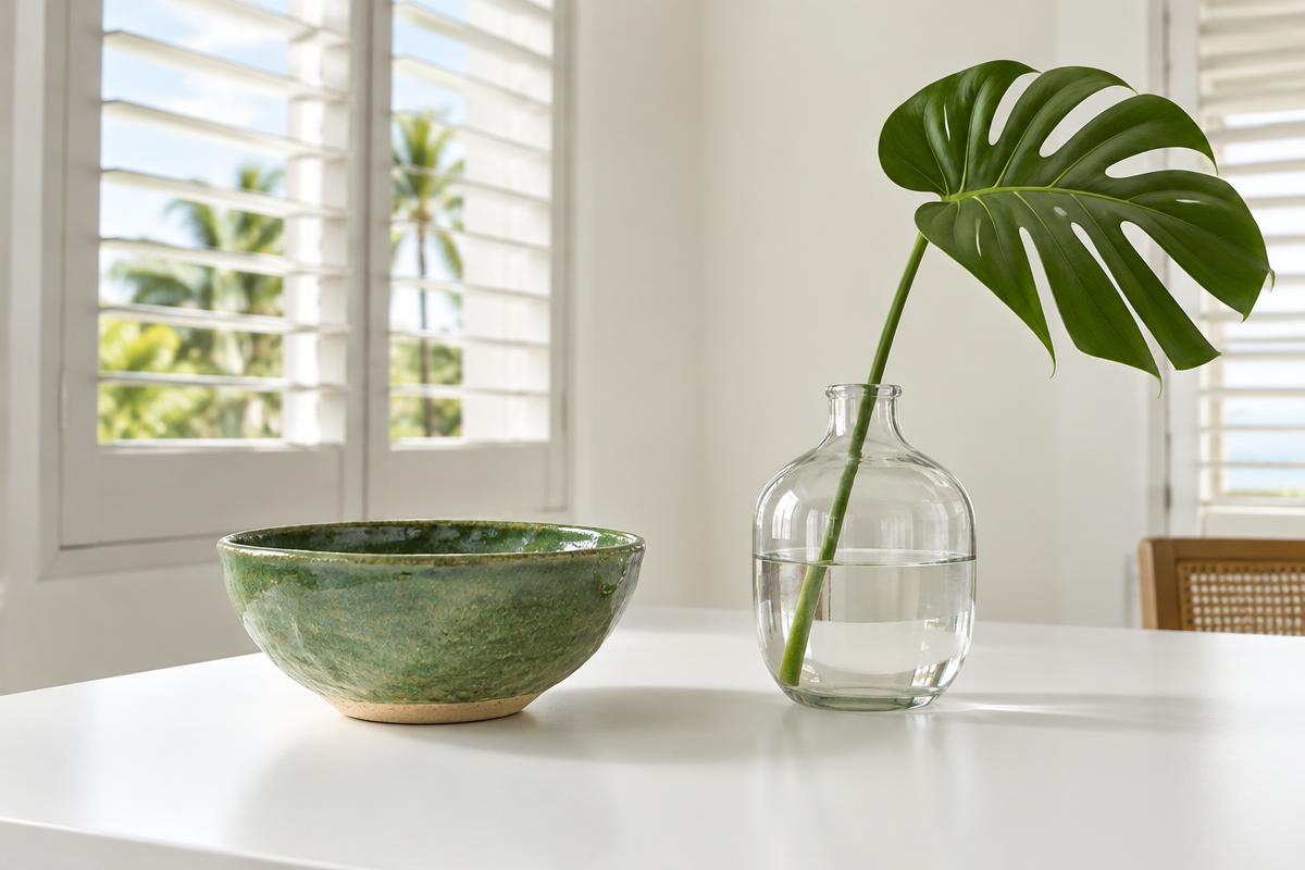 Composición ilustrativa de un cuenco verde y florero junto a una ventana